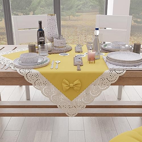 PETTI Artigiani Italiani - Square table topper, cotton with Sangallo lace trim and bows, 95 x 95 cm, Yellow