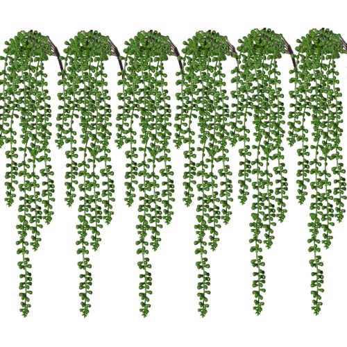 RECUTMS 6pcs Artificial Succulents Hanging Plants Fake Hanging String of Pearls Plant Faux Greenery Wall Plants for Spring Indoor Outdoor Home Bedroom Patio Garden Easter Decor