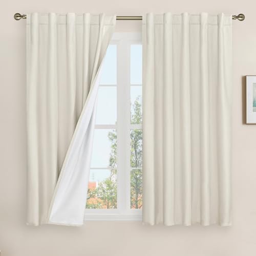 LAMIT Natural 100% Blackout Linen Curtains, 54 Inches Linen Textured Thermal Bedroom Curtains Back Tab and Rod Pocket Neutral Panels with White Liner for Farmhouse, 2 Panels, 42 x 54 Inch, Ivory
