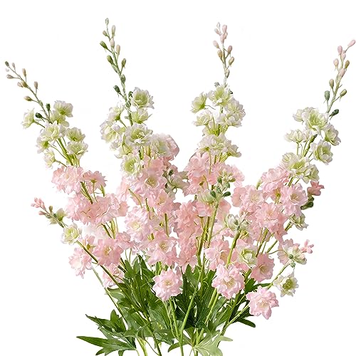 "ZYTUYO 4PCS Pink Artificial Delphinium Flower 33.5"" Long Faux Larkspur Stem Plant Floral Fake Flowers Silk Bouquets for Tall Floor Vase Home Kitchen Outdoor Indoor Wedding Decor"