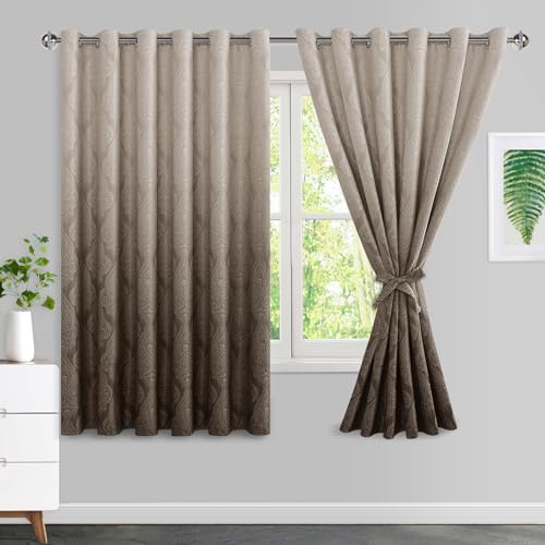 JIUZHEN Ombre Blackout Curtains for Bedroom - Damask Patterned Thermal Insulated Energy Saving Grommet Curtains for Living Room, Gradient Window Curtain Panels, Set of 2, 70 x 63 Inches Long, Brown