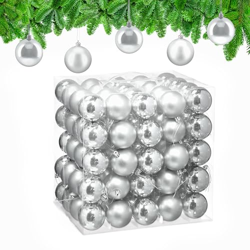 Relaxdays Christmas Baubles, Set of 100, Festive Tree Ornaments, D: 6 cm, Holiday Decorations, Shiny & Matte, Silver