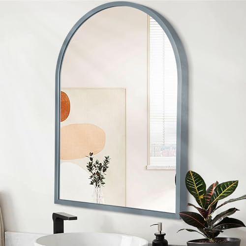 "HLFMVWE Wall Mirror Arched Bathroom Mirrors Aluminum Alloy Frame Contemporary Hanging Vanity Mirror for Living Room Bedroom Entryway Vanity, Brushed Metal Framed Wall Mounted Mirror Gray 16""x12"""