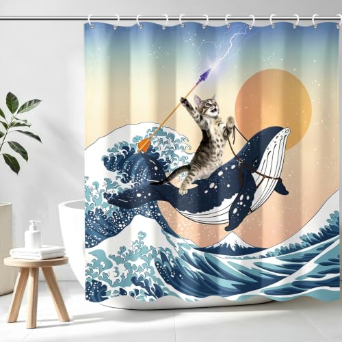 "Aimego Extra Long Shower Curtain - Funny Cute Cat Riding Shark in Ocean Wave, Whale Cat Fabric Cloth Fun Bath Shower Curtain Set with 12 Hooks for Bathroom Decor Bathtub Curtain, 72""x84"""