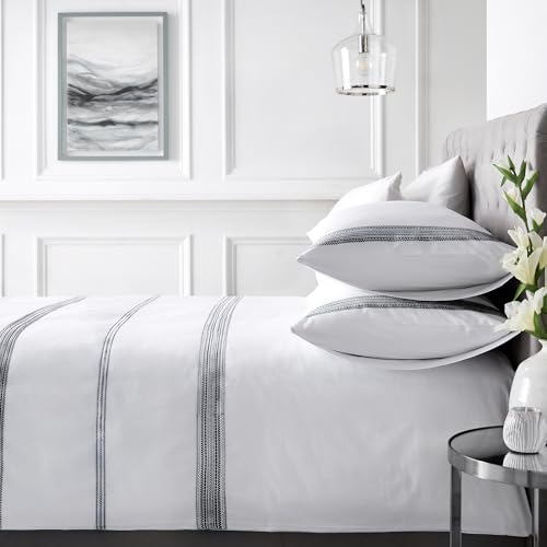 Appletree White Embroidered Duvet Cover Set – Super King 260 x 220cm – 100% Cotton – 200 Thread Count – 2 Pillowcases – Hotel Style Bedding – Black Stitch Detail