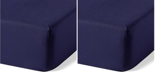 Amazon Basics Bedding Organic Cotton Super King Fitted Sheet, 180 x 200 cm, Navy Blue (Pack of 2)