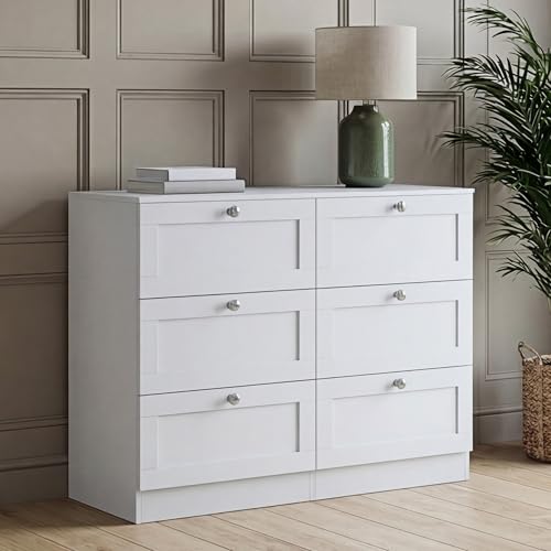 Vida Designs Altino 6 Drawer Chest of Drawers - White - H 76.5 x W 100 x D 36 cm - Wide Bedroom Storage Unit - Easy Assembly - Clothes Storage Cabinet - Modern Shaker Style Hallway or Guest Room