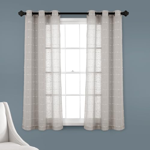 "Lush Decor Farmhouse Textured Grommet Sheer Window Curtain Panel Pair, 63"" L x 38"" W, Gray"