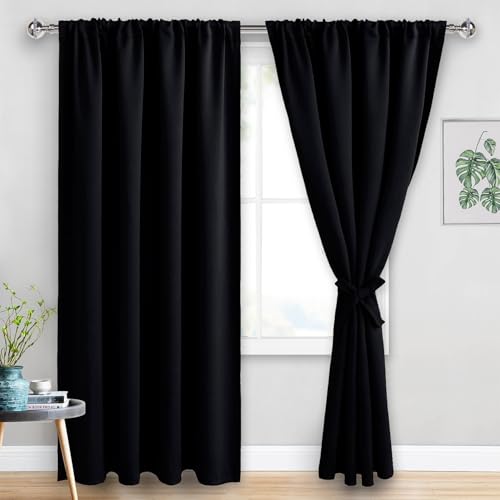 JIUZHEN Blackout Curtains for Bedroom - 60 Inch Extra Wide Thermal Insulated Room Darkening Privacy Soundproof Curtains for Living Room, Set of 2 Panels with Tiebacks, 60 x 84 inches, Black