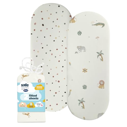 Silentnight Safe Nights Fitted Sheet - Pram Moses Basket Mattress - Breathable 100% Cotton Jersey - Super Soft Kind to Baby Skin - 74x27cm - Secure Fit with Elasticated Corners - 2 Pack, Safari