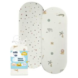 Silentnight Safe Nights Fitted Sheet - Pram Moses Basket Mattress - Breathable 100% Cotton Jersey - Super Soft Kind to Baby Skin - 74x27cm - Secure Fit with Elasticated Corners - 2 Pack, Safari