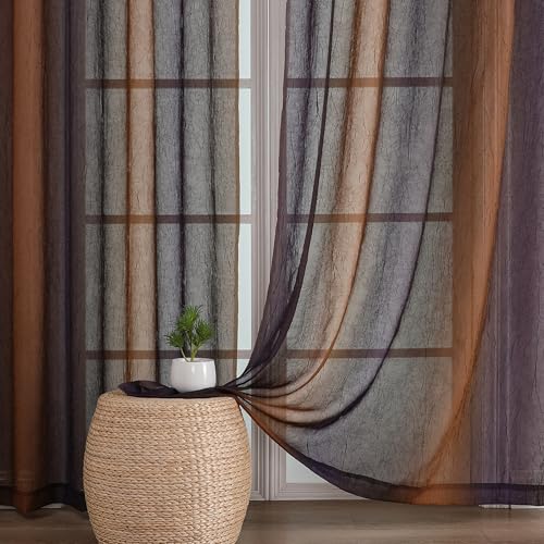 "OWENIE Ombre Sheer Curtains for Bedroom Living Room 84 Inches Long 2 Panels - Gradient Soft Airy Light Filtering Crinkle Crushed Semi Sheer Printed Curtains Rod Pocket, (42"" W x 84"" L, Purple/Gold)"