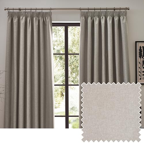 furn. Dawn Textured Blackout Pencil Pleat Curtains – Thermal Lined Pair (Linen - Width 168 x Drop 183cm)