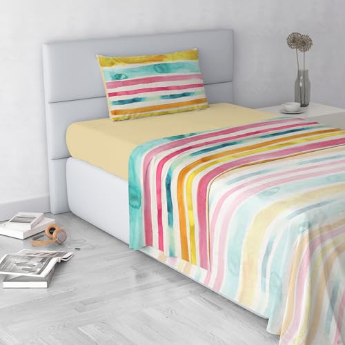 Fashion Bed Sheet Set, Made in Italy, Soft Microfibre Bed Set, Fitted Sheet, Top Sheet 180 x 270 cm and Pillowcase with Inner Flap, Half Size, Fez