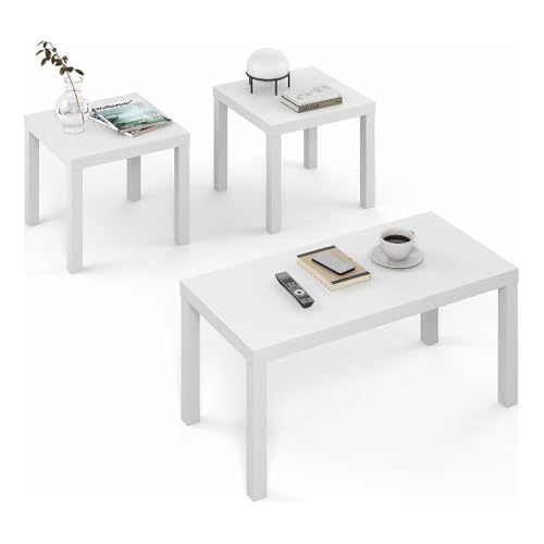 Furinno CLASSIC Living Room Table Set of 3, Modern Rectangle Coffee Table with 2 Side Tables, End Tables, 4.58cm Thick Tabletop for Living Room, Home Office, White