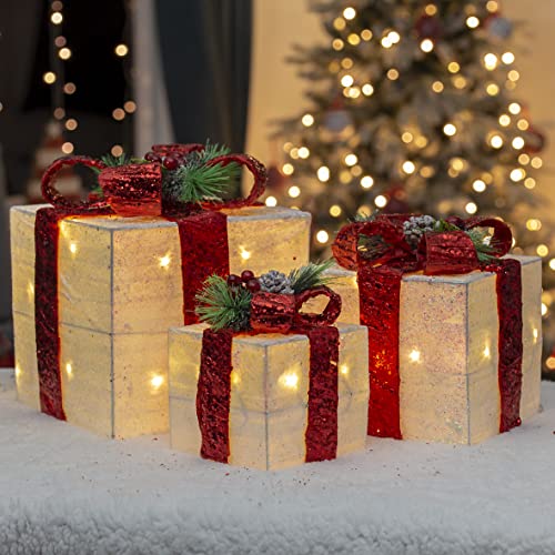 The Christmas Workshop Set of 3 Light-Up Christmas Boxes With Red Bow/Indoor Christmas Decorations / 65 Warm White LED Lights/Battery Operated/Timer Functionality