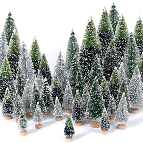30Pcs Mini Christmas Trees Artificial Christmas Tree Bottle Brush Trees with Wooden Base for Christmas Decor Christmas Party Home Table Craft Decorations(Dark Green+Silver)