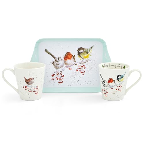 Royal Worcester x Wrendale Mug and Tray Gift Set - Christmas Birds Design by Artist Hannah Dale, Porcelain & Melamine, Suitable for Tea or Coffee Time with your Partner, 180ml