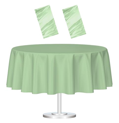HEIPINIUYE 2 Pack Sage Green Tablecloth Round 84 Inch Round Plastic Table Cloth Waterproof Disposable Round Table Cover for Party Birthday Camping Picnic Baby Shower Circle Tablecloth