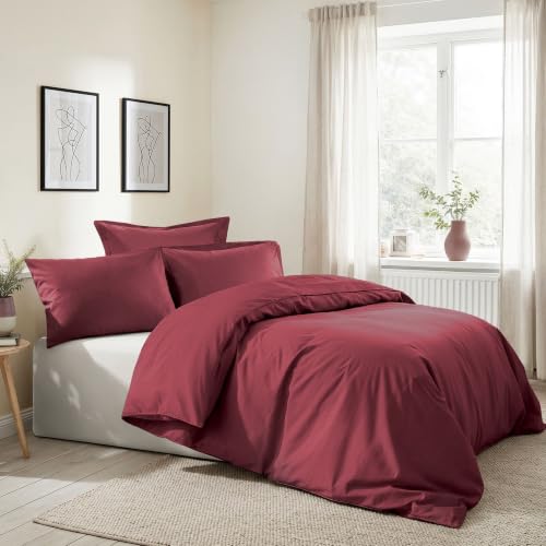 Nuit Des Rêves Premium Ranforce Double Quilt Cover Set, 100% Cotton, Maroon, 200 x 200 cm, Includes 2 Pillowcases, Button Closure, Machine Washable at 30°C