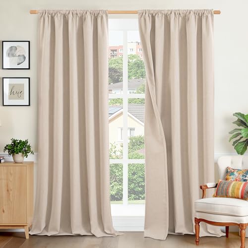BGment Burlap Linen Blackout Curtains 90 Inch Length, Beige Room Darkening Drapes Privacy for Bedroom Living Room Window Thermal Insulated with Rod Pocket, 2 Panels, Each 52 Inch Wide