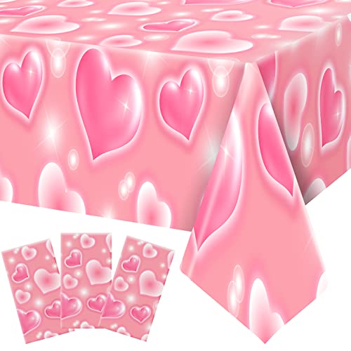 Tudomro 3 Pack 2000s Tablecloth Decoration Cholo Party Table Cover Y2k Party Decoration Heart Plastic Disposable Table Decor for Birthday Christmas Valentines Supplies, 54 x 108 Inches(Pink)