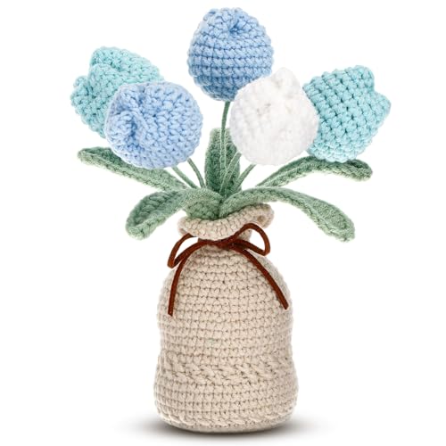 Marsui Crochet Knitting Tulip Bouquets with Vase 7 Inch Knitted Artificial Forever Tulip Hand Woven Flower with Exquisite Pot for Women Birthday Gifts Family Home Office Decor (Blue)