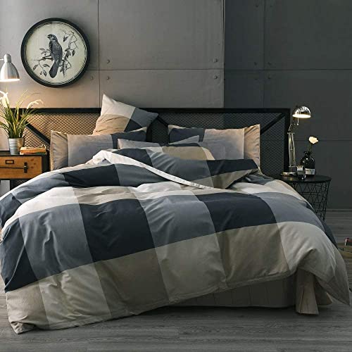 LifeTB Modern Plaid Duvet Cover Twin Geometric Grid Bedding Set 100% Cotton Checkered Comforter Cover Luxury Soft Plaid Bedding Quilt Cover with 2 Pillowcases Cotton Grid Bedroom Collection