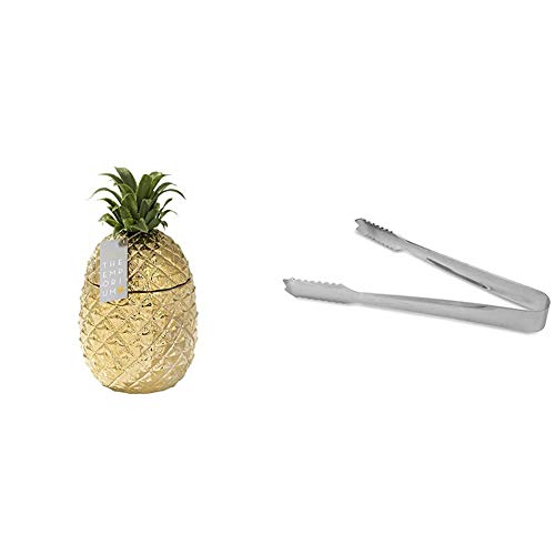Gold Pineapple Ice Bucket with Lid, Premium Addition to Your Drinks Trolley - Retro Bar Accessory - Classy Party Decoration - Elegant Cooler & Stainless Steel Ice Tongs 7inch