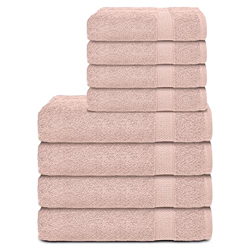 Komfortec Set of 8 Hand Towels - 4 Hand Towels 50 x 100 cm and 4 Bath Towels 70 x 140 cm - Terry Towel & Sauna Towel XXL - 100% Cotton - Soft - Quick Drying - Flower Pink