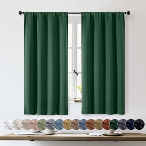OWENIE Sally Ever Green Short Blackout Curtains for Bedroom Living Room 54 Inch Length 2 Panels, Solid Thermal Insulated, Energy Saving Window Treatment Curtains Blackout Drapes, W40 x L54, Ever Green