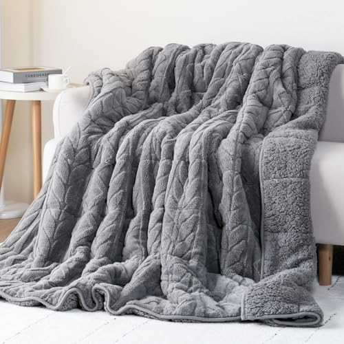 Cottonblue Weighted Blanket for Adults Queen Size 15 lbs 60x80in Ultra Soft - Sherpa Fleece Weighted Blankets Throw for Better Sleep Calm Relax, Chunky Jacquard Heavy Blanket for Bed Sofa Couch, Grey