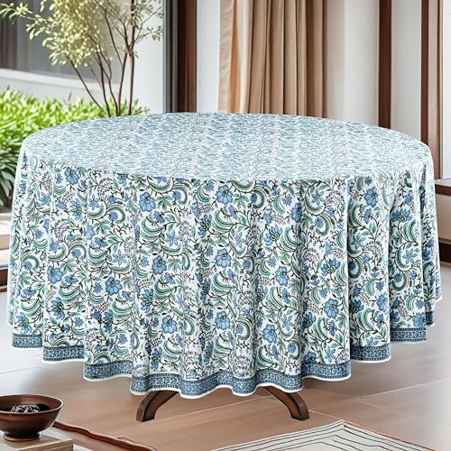 Ridhi Round Tablecloth Hand Block Print 100% Cotton Reusable Columbia Blue 110 Inch Table Cover Decorative Everyday Use for Dining, Home, Party, Wedding, Farmhouse, Party Gift for Spring, Mother's Day