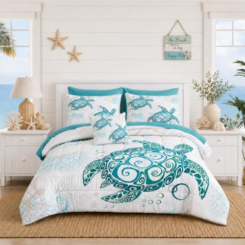 MOVE OVER California King Sea Turtle Bedding Set 8 Pieces Bed in A Bag Ocean Comforter Set Teal Blue Sea Turtle Comforter Set Coastal Bedding Set for Summer Underwater World Ocean Bed Set