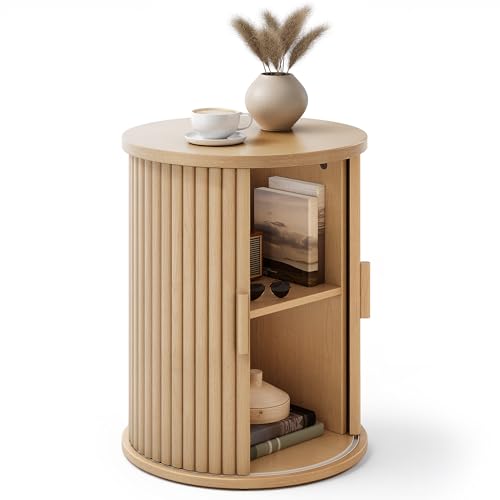 YITAHOME Round Table with Sliding Door Cabinet, Side Table with 2-Tier Storage Shelf for Bedroom, Dining Room, Living Room, Home Office, or Apartment, Small Coffee Table/Nightstand, Light Oak