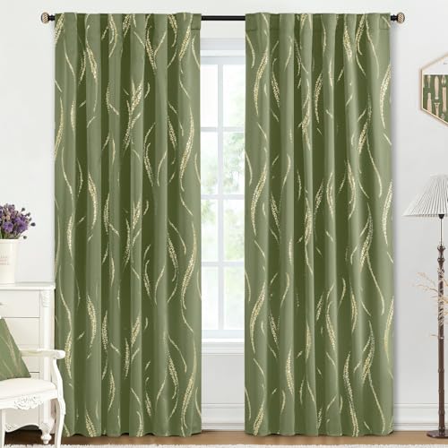 Yakamok Light Blocking Curtains 84 Inches- Silver Wave Line Dots Print Back Tab Drapes, Room Darkening Curtain, Window Panels for Living Room/Bedroom (52W x 84L Inch, Set of 2, Sage)