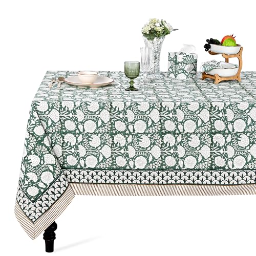 Ridhi Turquoise Green, Old Moss Green Indian Floral Hand Block Printed Cotton Cloth Tablecloth, Table Cover, Farmhouse Thanksgiving Christmas (Turquoise Green, Old Moss, 16 Seater 72X190 INCH)