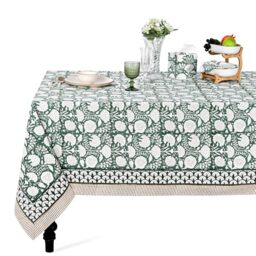 Ridhi Turquoise Green, Old Moss Green Indian Floral Hand Block Printed Cotton Cloth Tablecloth, Table Cover, Farmhouse Thanksgiving Christmas (Turquoise Green, Old Moss, 16 Seater 72X190 INCH)