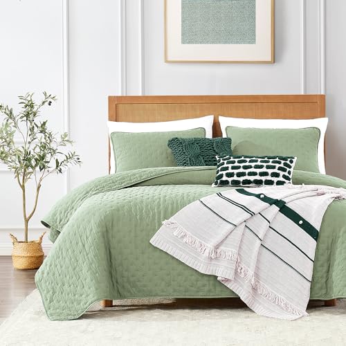 ROARINGWILD Sage Green Twin Size Quilt Bedding Set, Lightweight Soft Bedspread, Farmhouse Rustic Country Coverlet, Thin Cloud Comforter for Spring Summer, 1 Pillow Sham, 68x90 inches