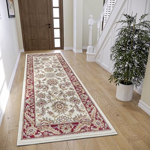 HANSE Home Reni Oriental Rug - Oriental Runner Classic Tightly Woven with Ornaments and Flower Motifs Soft Short Pile for Bedroom, Dining Room, Living Room, Hallway - Cream Red, 80 x 240 cm