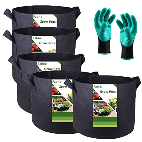 5-Pack 7 Gallon Thickened Plant Grow Bags (14x12 inch) Fabric Plant Pots Garden Bags for Tomato,Potato Planter Bag,Herbs Veggies Planters,Flower Pot,Garden Pot,Barrel Planter,Plant Container W/Gloves