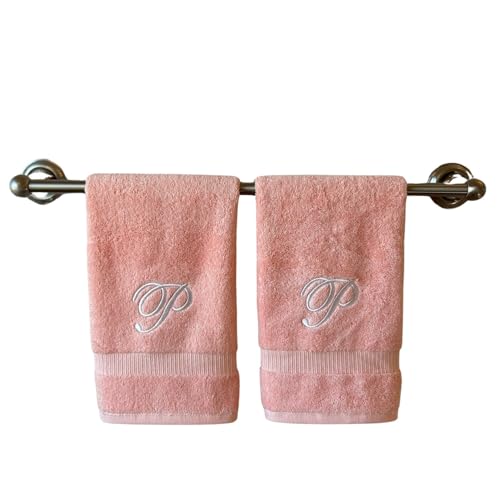 Pink Monogrammed Hand Towels for Bathroom - Luxury Hotel Quality Personalized Initial Embroidered Towel for Powder Room, Spa - GOTS Organic Certified - Set of 2 White Letter P
