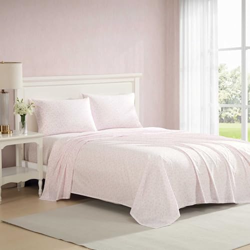 Laura Ashley - Full Bed Sheets, Crisp & Cool Cotton Percale Bedding with Matching Pillowcases, Lightweight Bed Set, Oeko-Tex Certified (Floral Toile Pink)