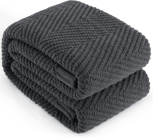 LONG CREATE Knitted Throw Blanket for Couch, 50X60 Chevron Bed Knit Throws - Dark Grey Lightweight Living Room Decor, Super Soft Boho Bedding Blankets, Cozy Herringbone Textured, Chair Sofa Cover