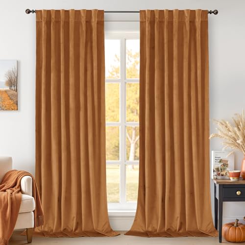 BGment Burnt Orange Velvet Curtains 108 Inches Long, Fall Decor Super Soft Room Darkening Thermal Insulated Back Tab and Rod Pocket Curtains for Bedroom/Living Room, Set of 2 Panels, 52 x 108 Inch