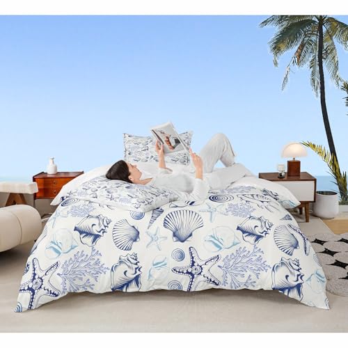 Coastal Duvet Cover Set King Size,Beach Seashell Starfish Coral Bedding Set 3Pcs,Sea Ocean Theme Comforter Cover for Kids Teens Adult Bedroom Decor,Navy Sketch Nautical Quilt Cover,2 Pillowcases