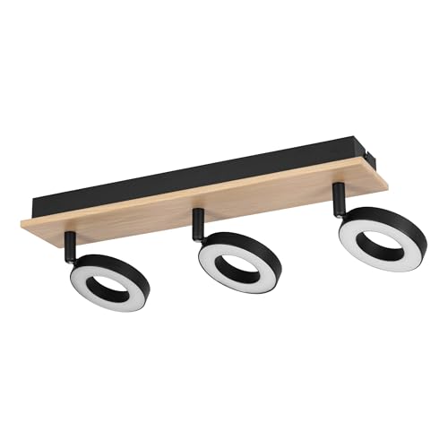 Eglo LED Ceiling Lamp Rielves, Light with 3 Adjustable Spots, Wooden Spot Bar in Brown and Metal Black, FSC Certified, Warm White, L 40 cm