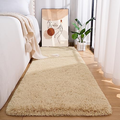 Przemy Fluffy Bedroom Rug 2 x 6 Ft Area Rugs for Living Room, Super Soft Shag Rug, Indoor Modern Fluffy Carpet Rugs for Bedroom Kids Girls Room Dorm Home Decor, Non-Slip Plush Nursery Rug, Beige