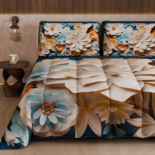 PETTI Artigiani Italiani - Winter Quilt, Winter Duvet, Double Sided Single Quilt Solid Colour and Digital Floral Print 05 5, 100% Microfibre, Made in Italy