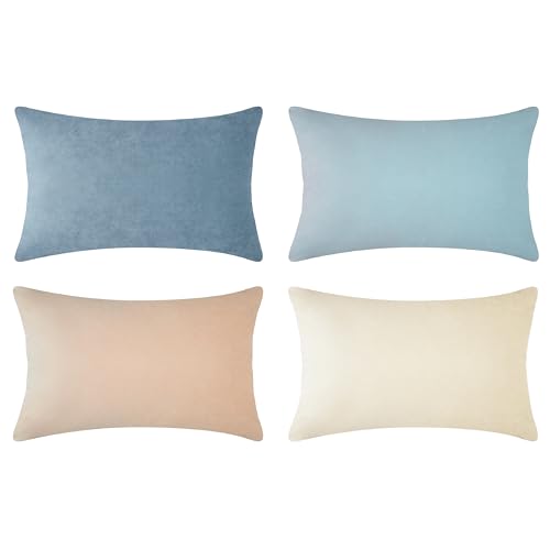 MONDAY MOOSE Decorative Throw Pillow Covers Cushion Cases, Set of 4 Soft Velvet Modern Designs, Mix and Match for Home Decor, Pillow Inserts Not Included (12x20 inch, Beige/Light Blue)